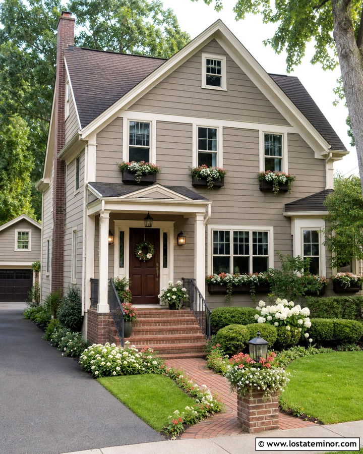 Taupe House With Brick Porch And Window Boxes - 30 Taupe House Design With Window Boxes Ideas