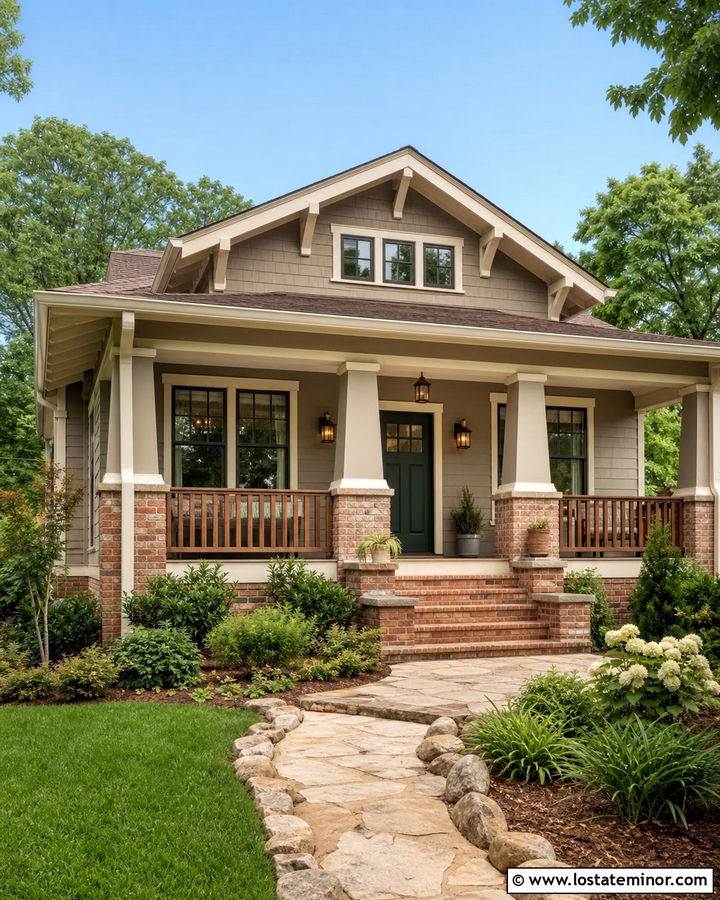 Taupe House With Brick Porch Columns - 30 Taupe House Design With Brick Accents Ideas