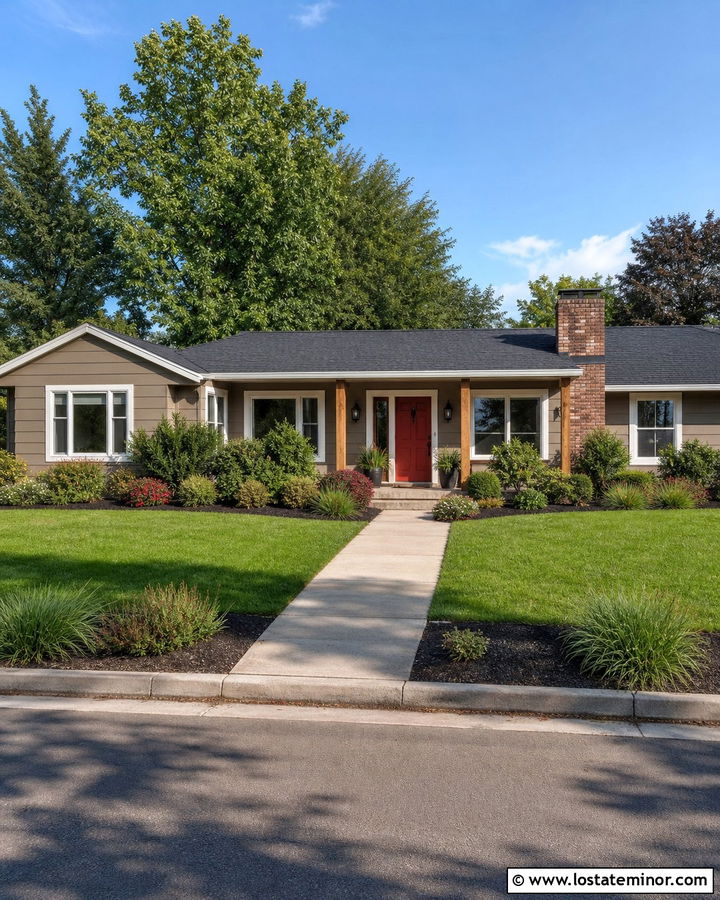 Taupe House With Brick Red Front Door - 30 Taupe House Design With Front Door Ideas