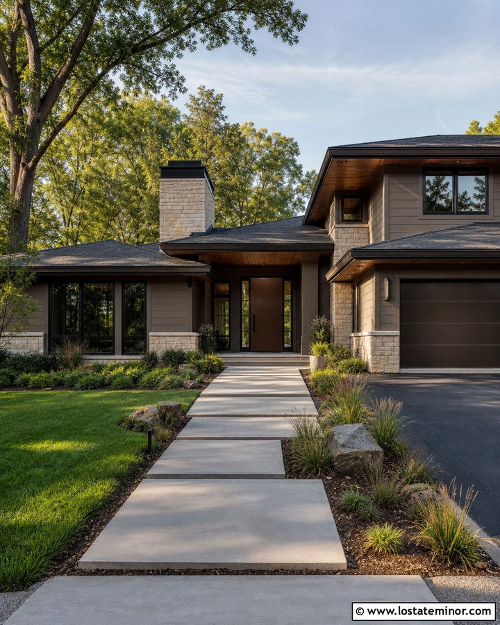 Taupe House With Bronze Metal Front Door - 30 Taupe House Design With Entry Door Ideas