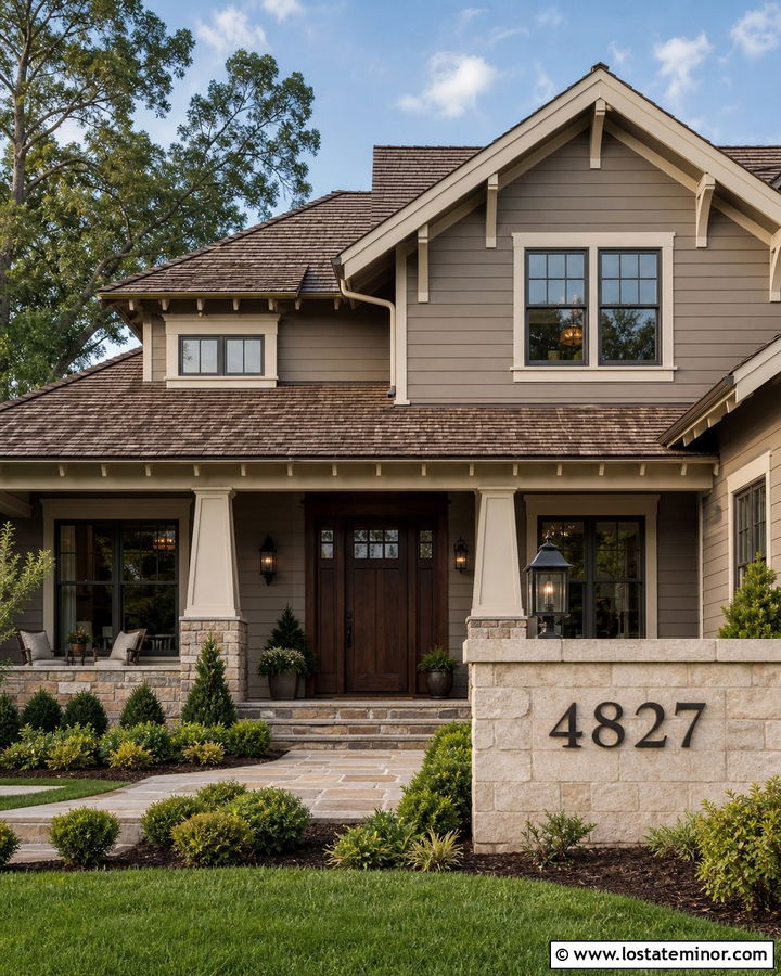 Taupe House With Bronze Numbers On Stone - 30 Taupe House Design With House Numbers Ideas