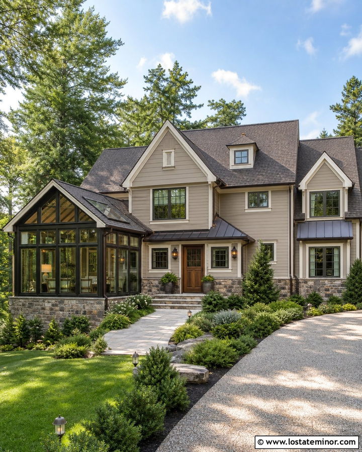 Taupe House With Bronze Sunroom Windows - 30 Taupe House Design With Sunroom Ideas