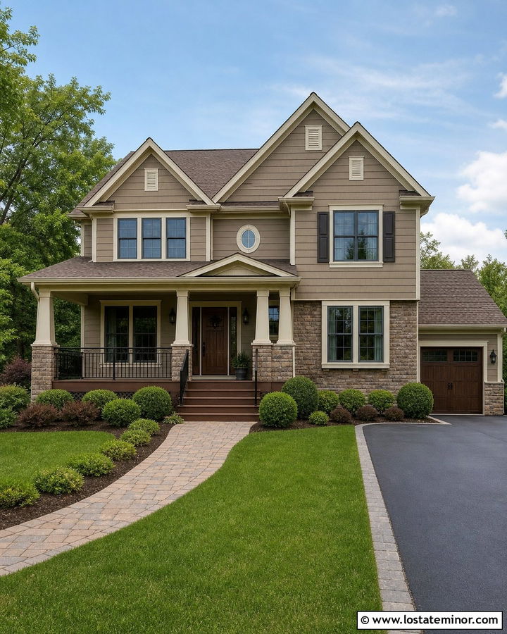 Taupe House With Brown Roof And Bronze Railings - 30 Taupe House Design With Railings Ideas