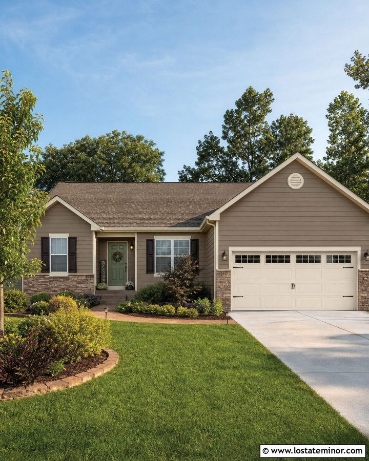 Taupe House With Brown Roof And Cream Garage - 30 Taupe House Design With Garage Door Ideas