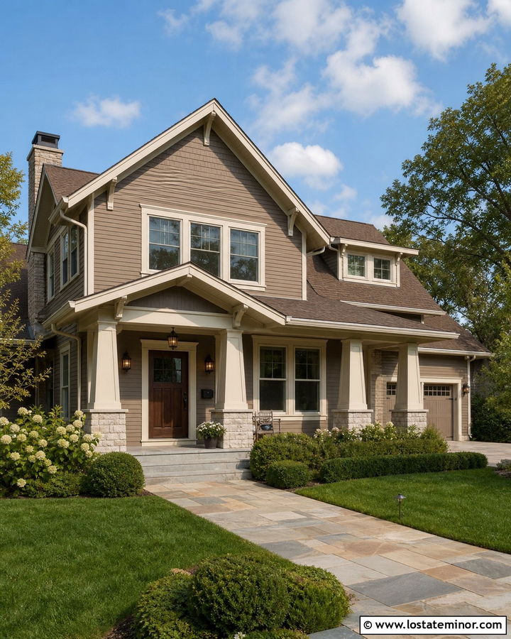 Taupe House With Brown Roof And Ivory Trim - 30 Taupe House Design With Trim Ideas