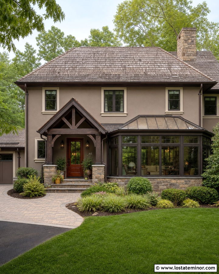 Taupe House With Brown Roof And Sunroom - 30 Taupe House Design With Sunroom Ideas