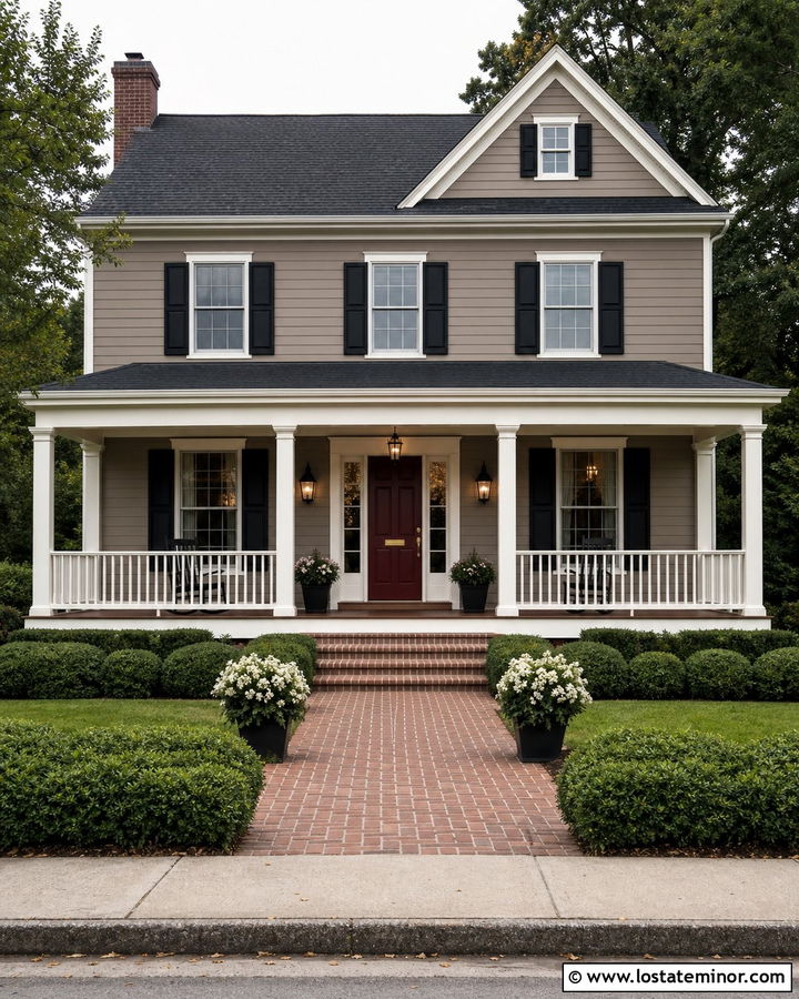 Taupe House With Burgundy Door And Covered Porch - 30 Taupe House Design With Front Porch Ideas
