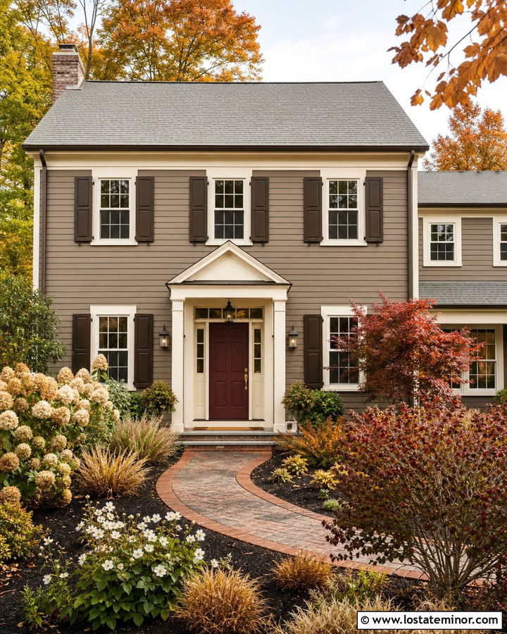 Taupe House With Burgundy Door And Fall Landscaping - 30 Taupe House Design With Landscaping Ideas