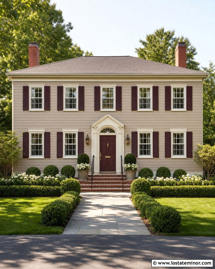 Taupe House With Burgundy Door And Shutters - 30 Taupe House Design With Accents Ideas