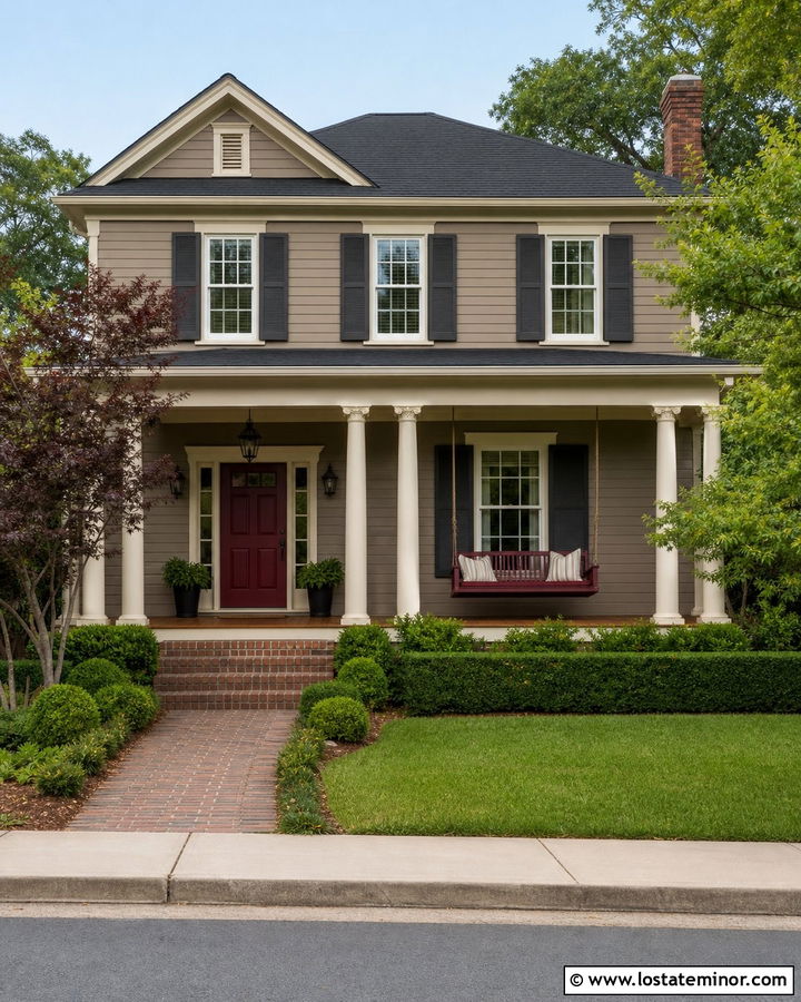 Taupe House With Burgundy Porch Swing - 30 Taupe House Design With Swing Ideas