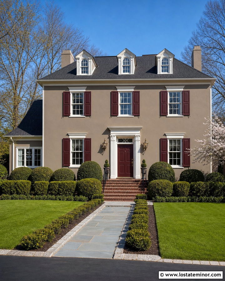 Taupe House With Burgundy Shutters - 30 Taupe House Design With Shutters Ideas