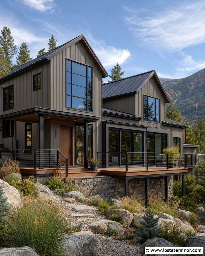 Taupe House With Cable Railing Deck - 30 Taupe House Design With Deck Ideas