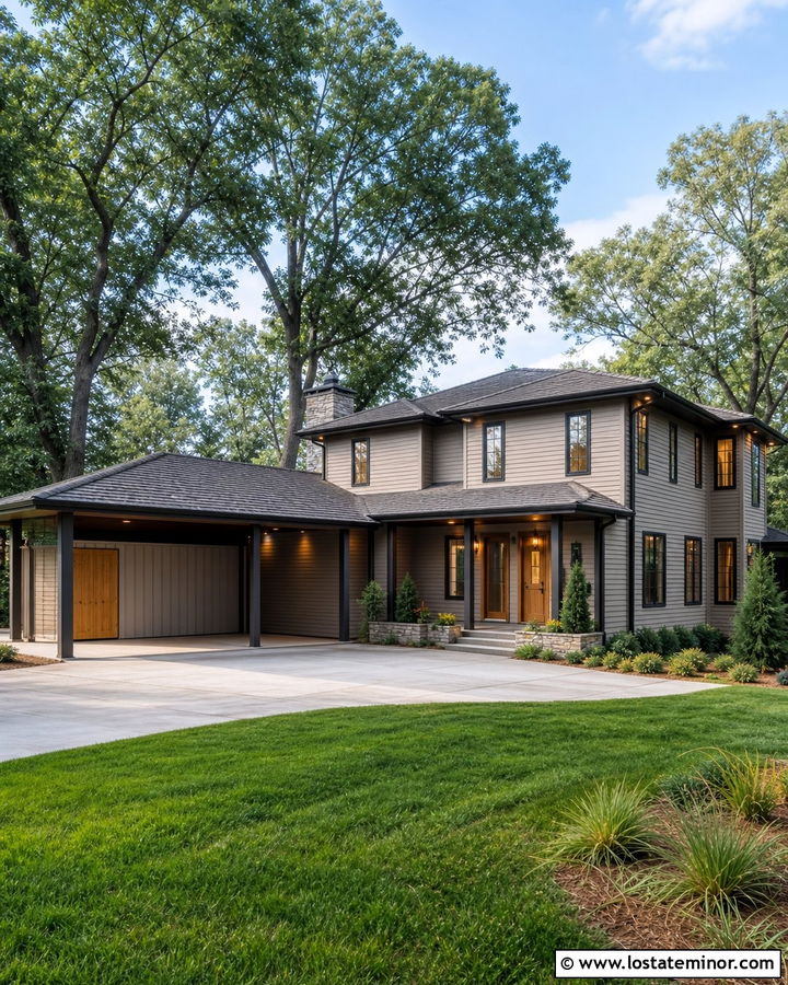 Taupe House With Carport Storage Wall - 30 Taupe House Design With Carport Ideas