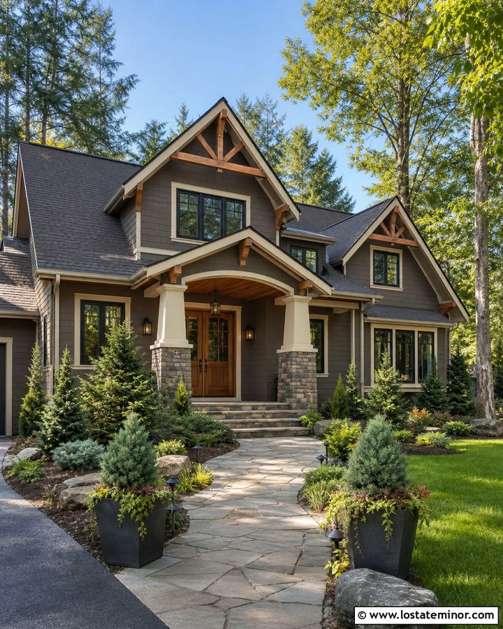 Taupe House With Cedar Double Front Doors - 30 Taupe House Design With Entry Door Ideas
