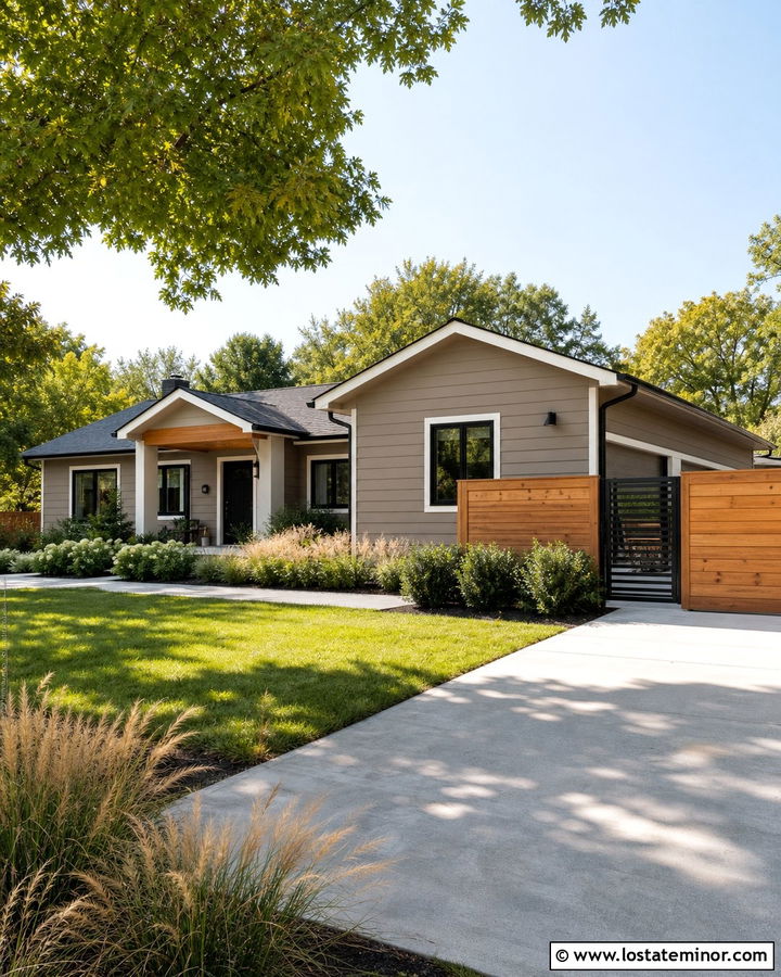 Taupe House With Cedar Fence And Black Gate - 30 Taupe House Design With Fence Ideas