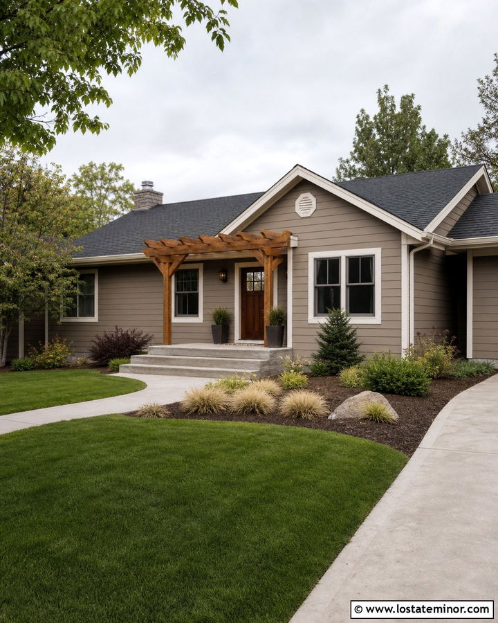 Taupe House With Cedar Front Pergola - 30 Taupe House Design With Pergola Ideas