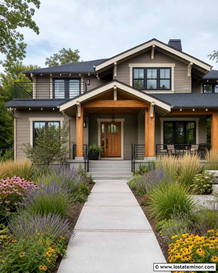 Taupe House With Cedar Porch And Prairie Garden - 30 Taupe House Design With Front Yard Ideas