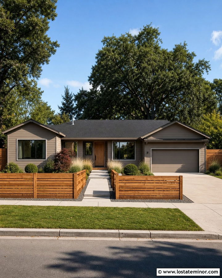Taupe House With Cedar Privacy Fence - 30 Taupe House Design With Fence Ideas