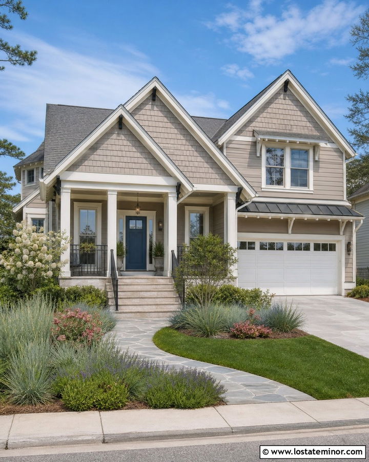 Taupe House With Cedar Shake And Blue Door - 30 Taupe House Design With Cedar Shake Ideas