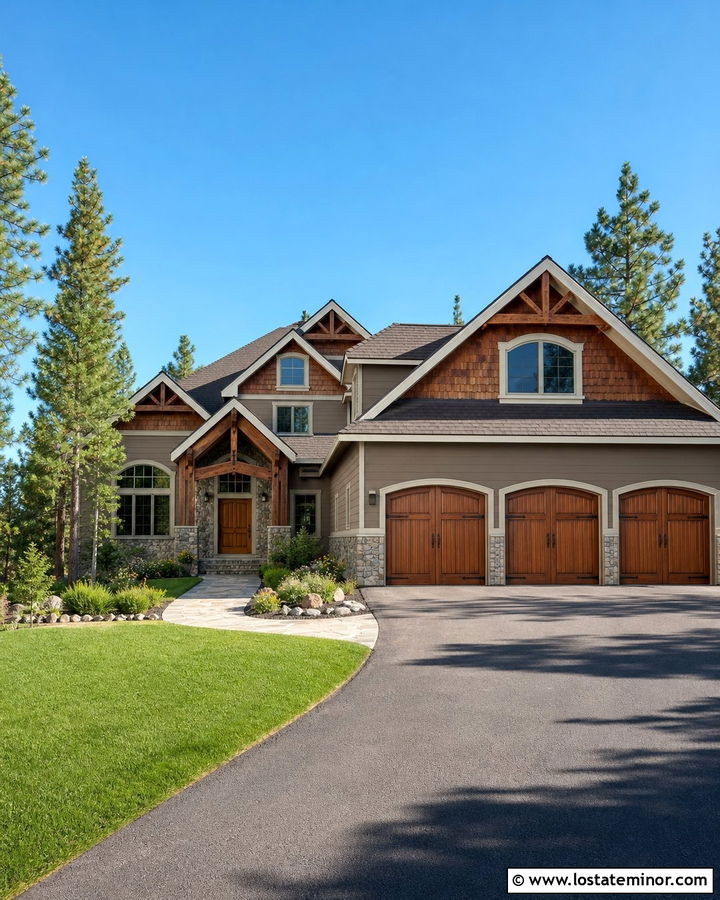 Taupe House With Cedar Shake And Wood Garage Doors - 30 Taupe House Design With Cedar Shake Ideas