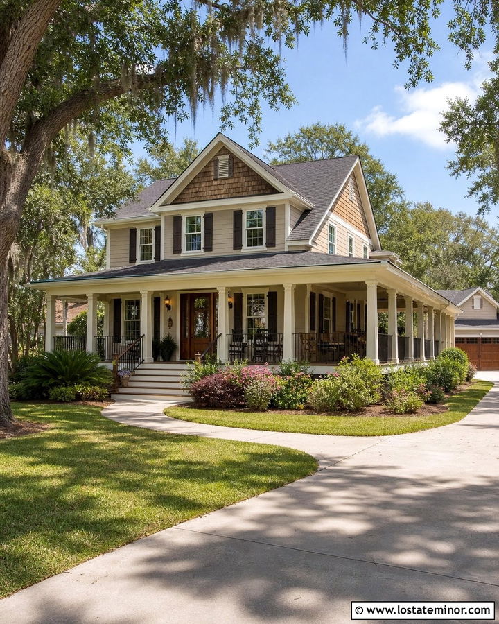 Taupe House With Cedar Shake And Wraparound Porch - 30 Taupe House Design With Cedar Shake Ideas
