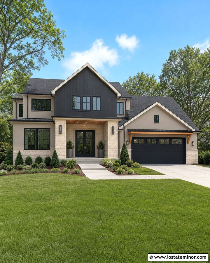 Taupe House With Charcoal Gable Accents - 30 Taupe House Design With Gables Ideas