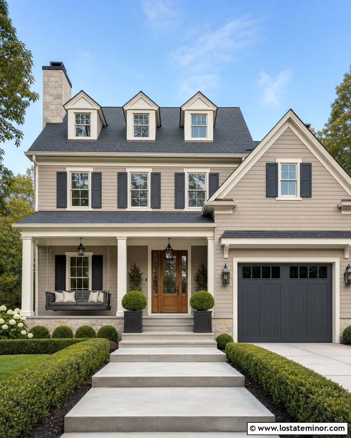 Taupe House With Charcoal Porch Swing - 30 Taupe House Design With Swing Ideas