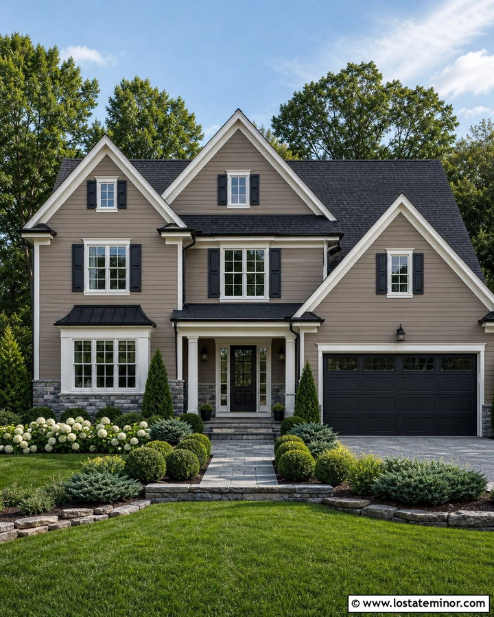 Taupe House With Charcoal Roof And Evergreen Layers - 30 Taupe House Design With Landscaping Ideas