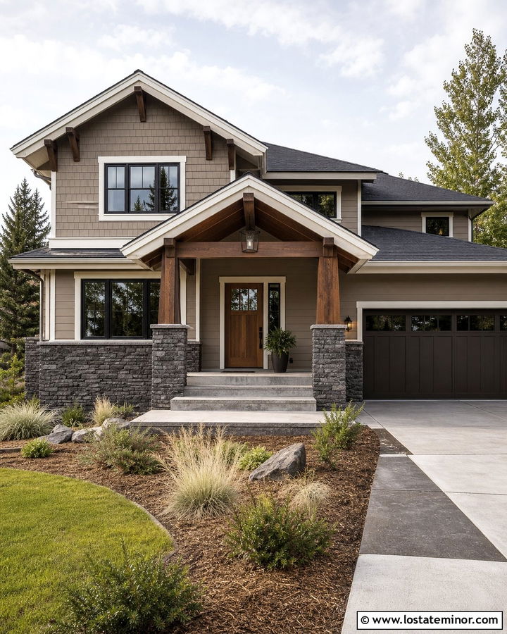 Taupe House With Charcoal Stone Accents - 30 Taupe House Design With Accents Ideas