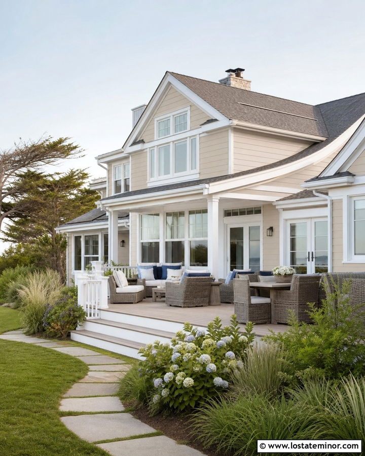 Taupe House With Coastal Backyard Deck - 30 Taupe House Design With Backyard Ideas