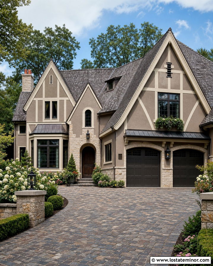 Taupe House With Cobblestone Driveway - 30 Taupe House Design With Driveway Ideas