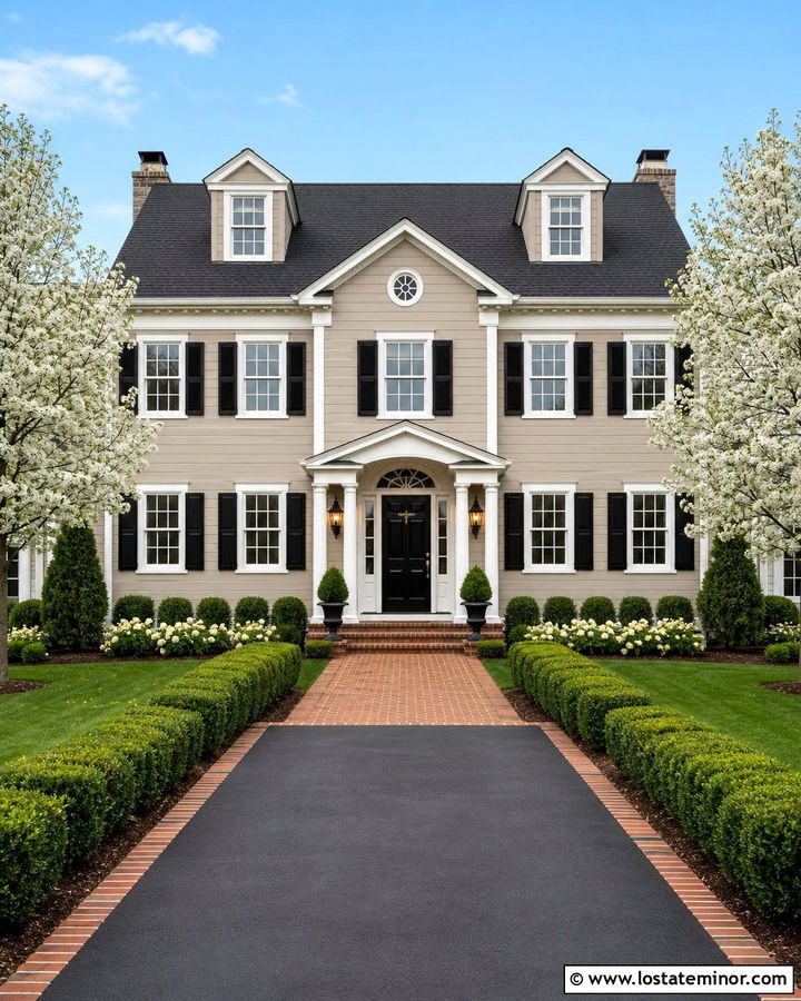Taupe House With Colonial Driveway - 30 Taupe House Design With Driveway Ideas