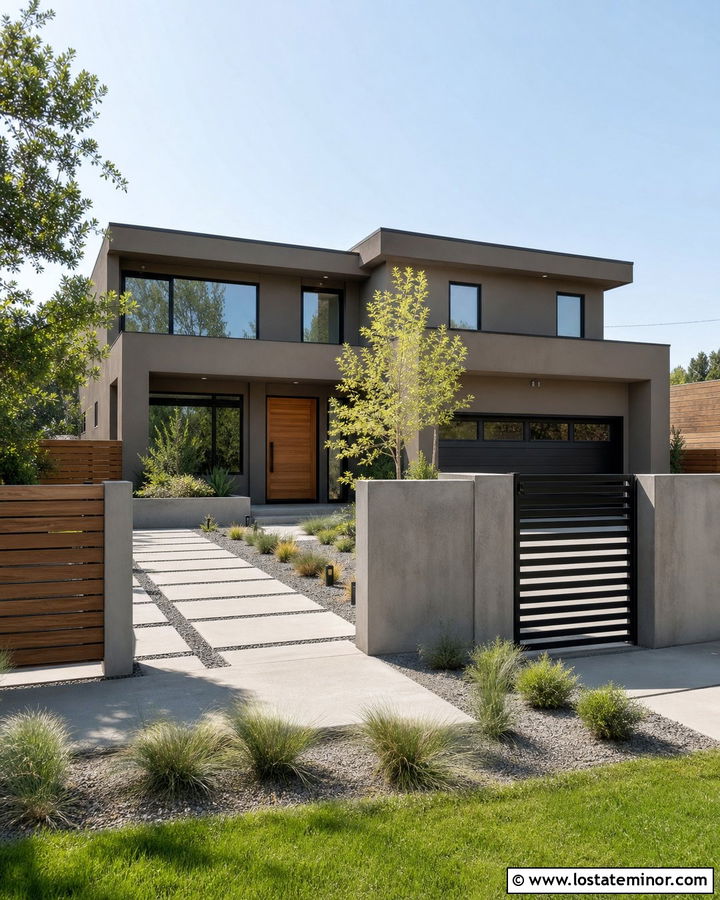 Taupe House With Contemporary Concrete Fence - 30 Taupe House Design With Fence Ideas