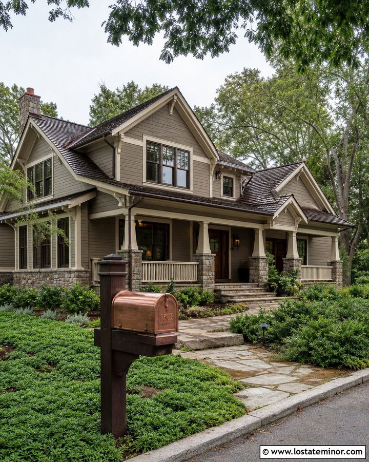 Taupe House With Copper Post Mailbox - 30 Taupe House Design With Mailbox Ideas