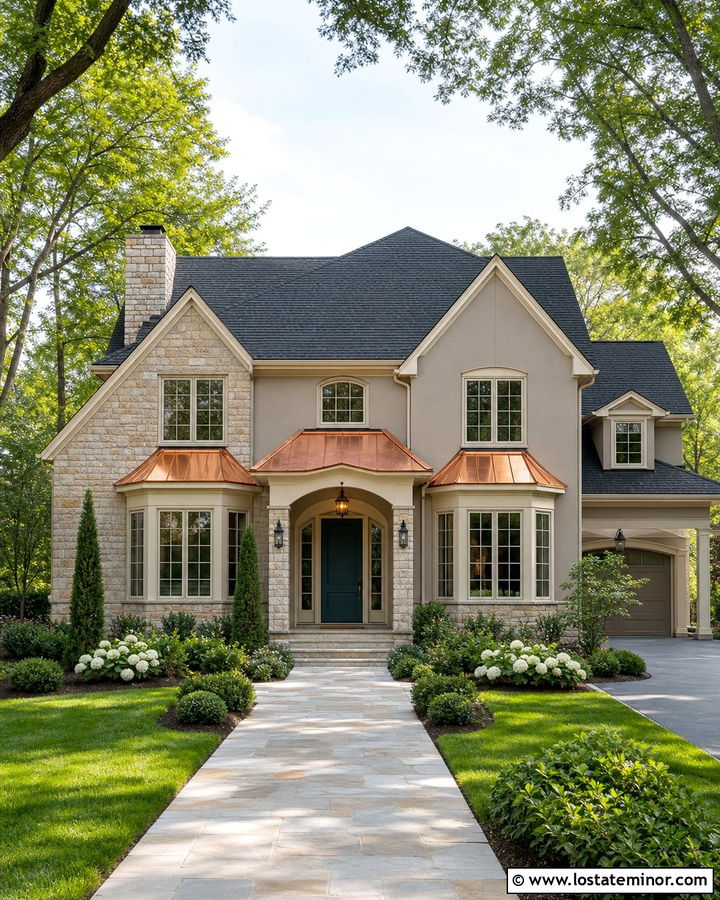 Taupe House With Copper Roof Accents - 30 Taupe House Design With Roof Ideas
