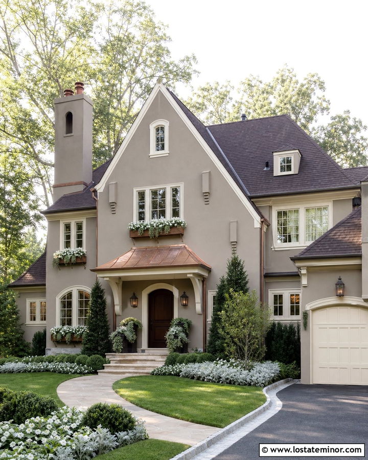 Taupe House With Copper Roof And Window Boxes - 30 Taupe House Design With Window Boxes Ideas