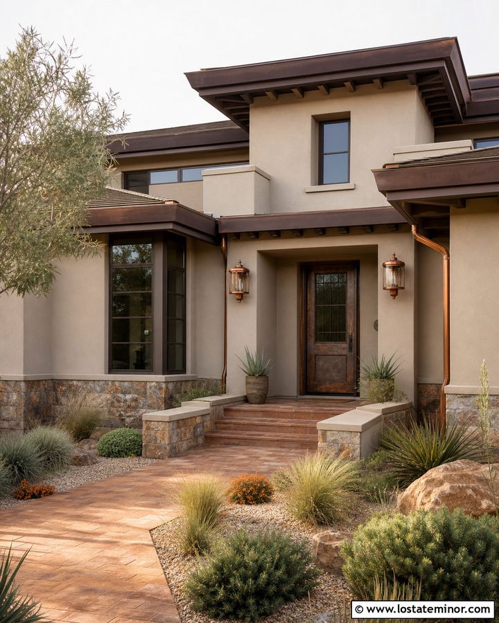 Taupe House With Copper Storm Door - 30 Taupe House Design With Storm Door Ideas