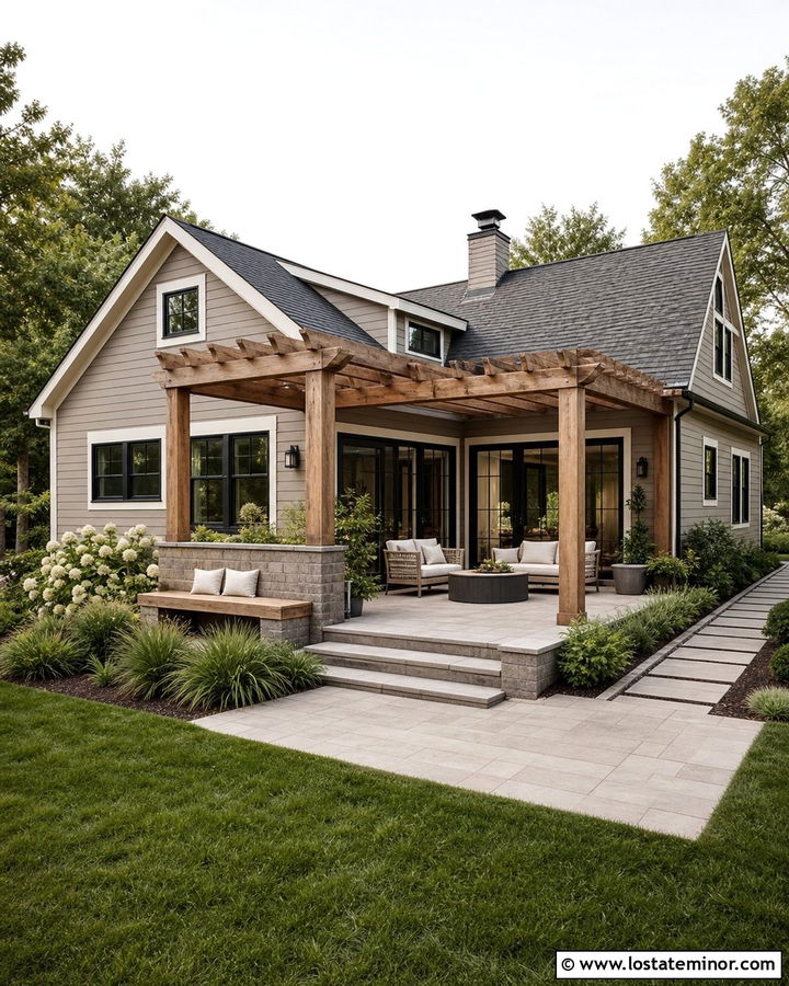 Taupe House With Corner Pergola - 30 Taupe House Design With Pergola Ideas