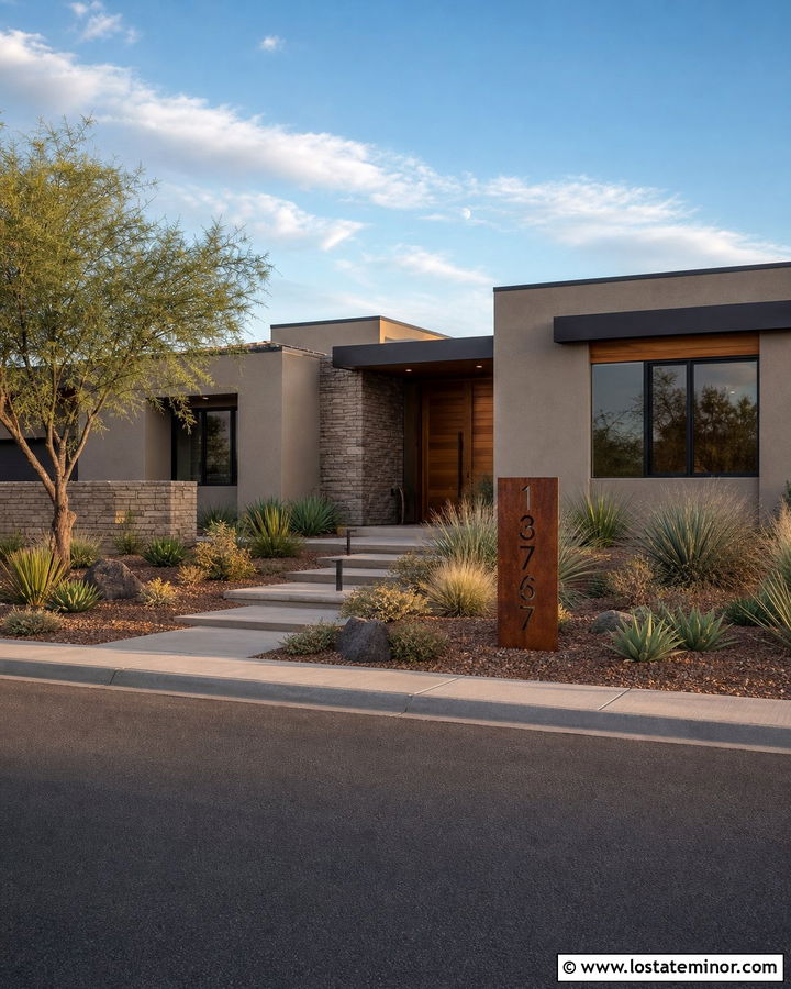 Taupe House With Corten Steel Address Sign - 30 Taupe House Design With House Numbers Ideas