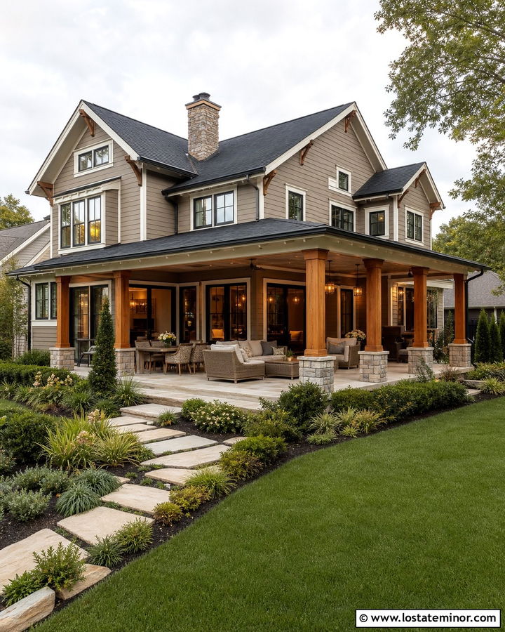 Taupe House With Covered Backyard Patio - 30 Taupe House Design With Backyard Ideas