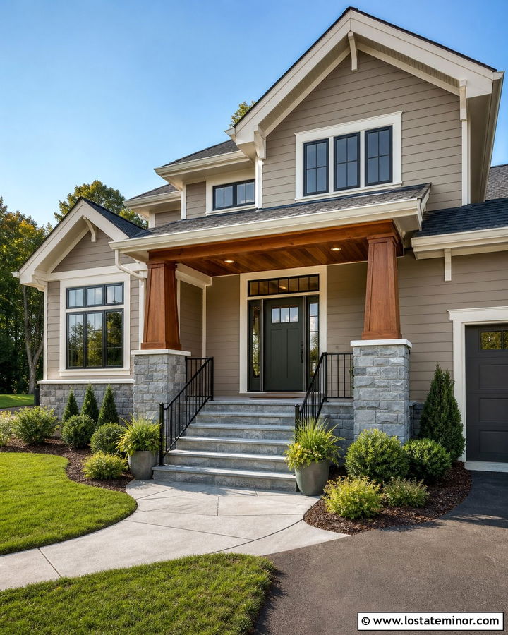 Taupe House With Covered Entry Steps - 30 Taupe House Design With Steps Ideas