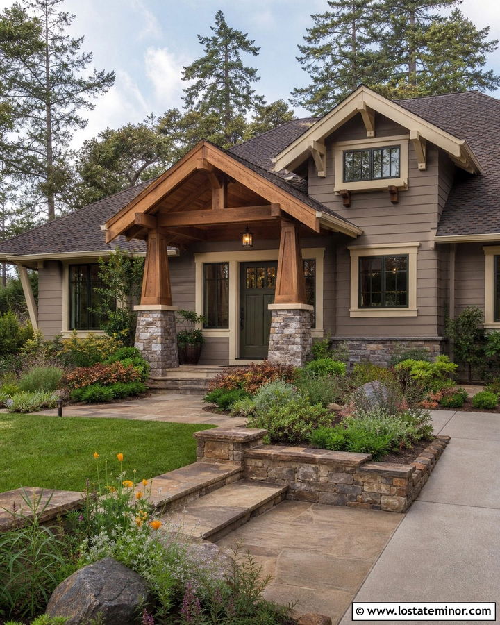 Taupe House With Craftsman Portico - 30 Taupe House Design With Portico Ideas