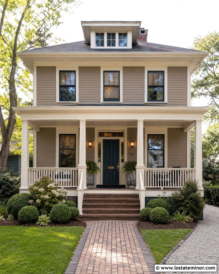 Taupe House With Cream Beadboard Ceiling - 30 Taupe House Design With Porch Ceiling Ideas