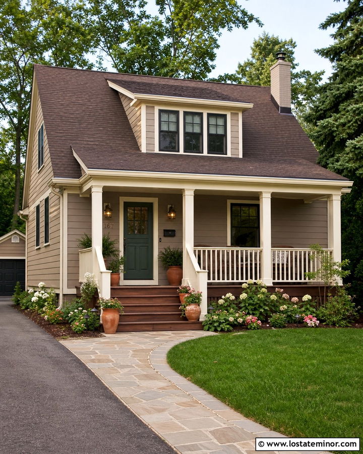 Taupe House With Cream Deck Railing - 30 Taupe House Design With Deck Ideas