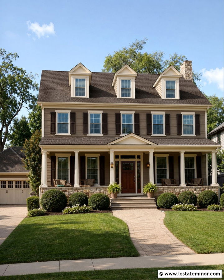 Taupe House With Cream Dormers And Brown Roof - 30 Taupe House Design With Dormers Ideas