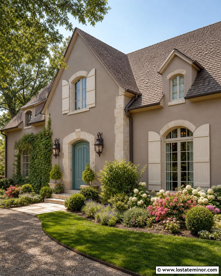 Taupe House With Cream Shutters - 30 Taupe House Design With Shutters Ideas