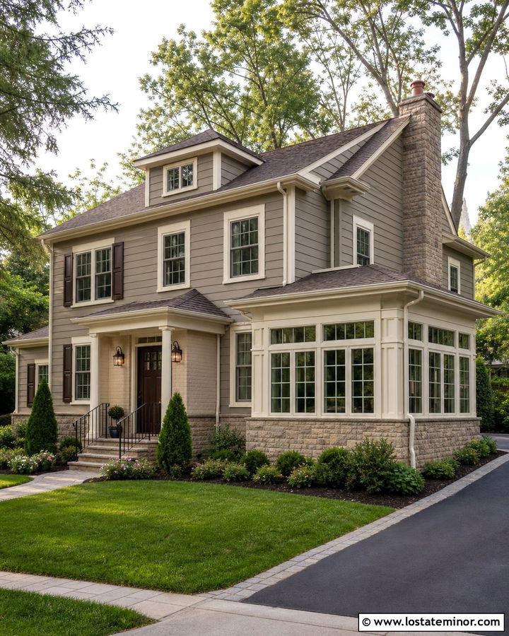 Taupe House With Cream Sunroom Trim - 30 Taupe House Design With Sunroom Ideas