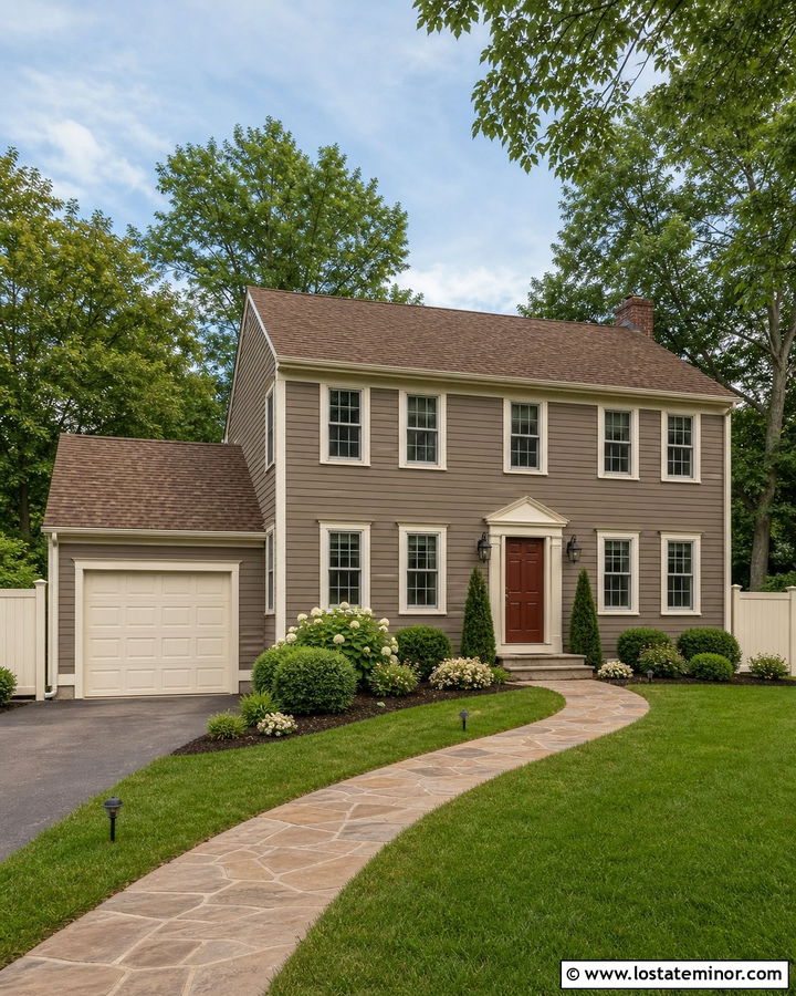Taupe House With Cream Vinyl Fence - 30 Taupe House Design With Fence Ideas