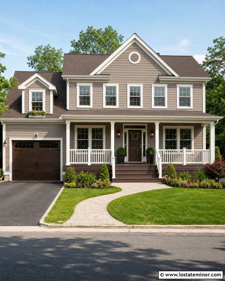 Taupe House With Dark Brown Deck - 30 Taupe House Design With Deck Ideas
