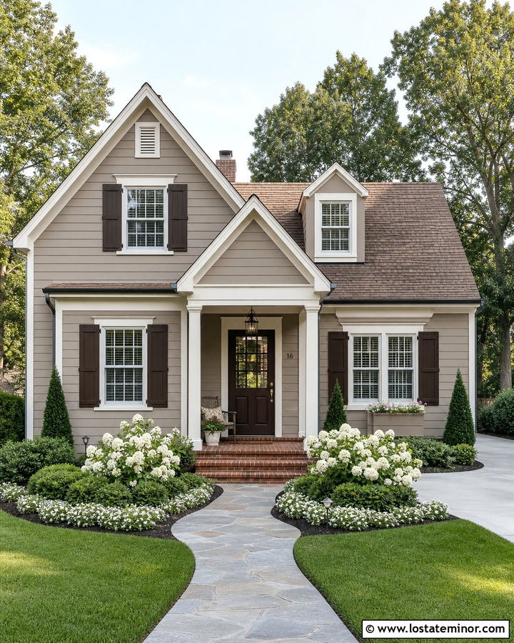 Taupe House With Dark Brown Shutters - 30 Taupe House Design With Accents Ideas